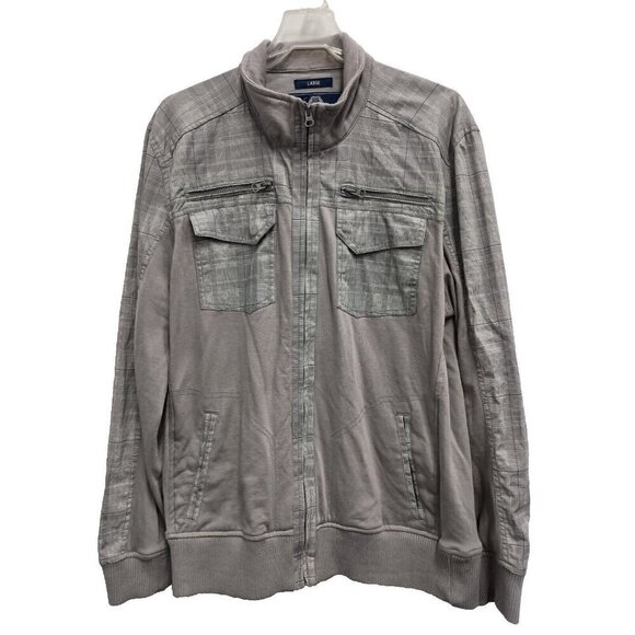 American Rag Mens Utility Jacket Large Gray Checkered Knit Zip Front Softshell - Picture 1 of 10